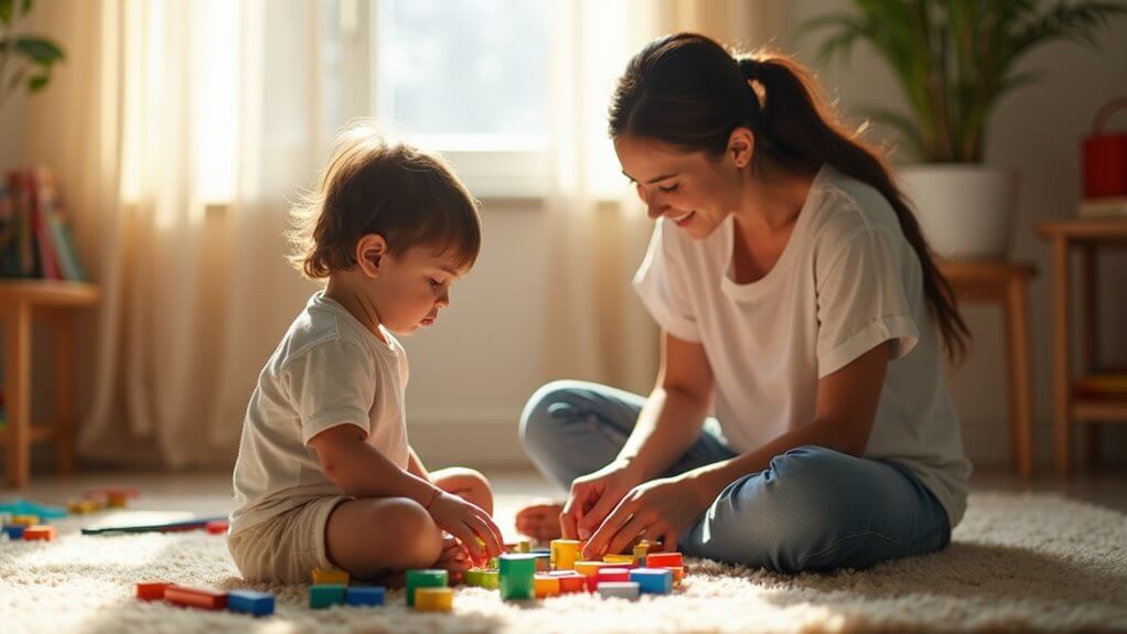 Parent and child playing blocks in play therapy for autism