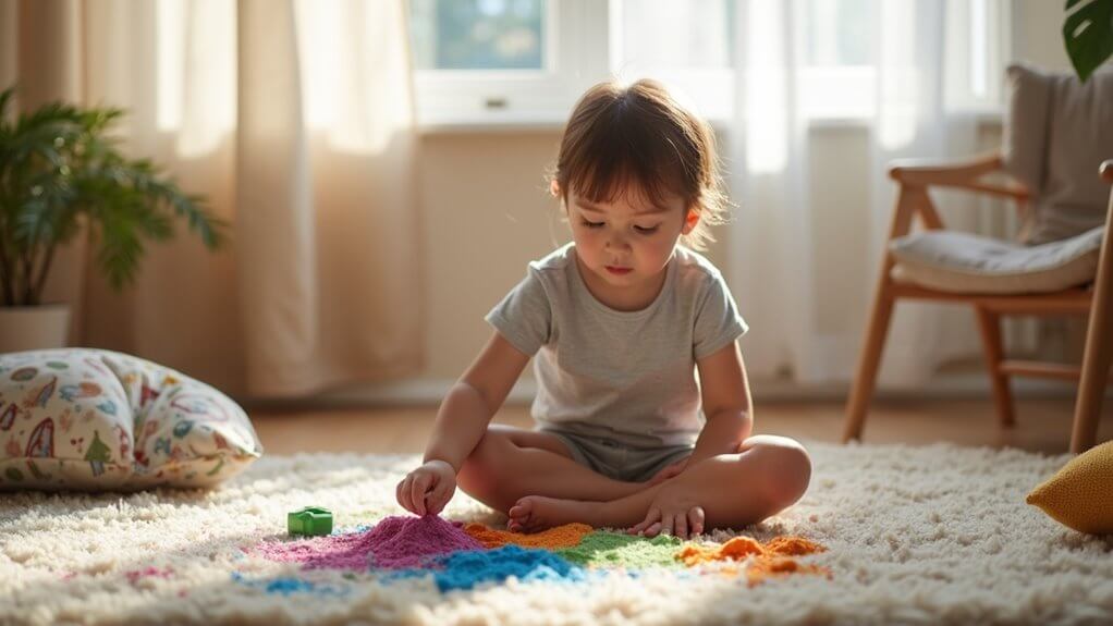 Child creating art on floor during play therapy for autism