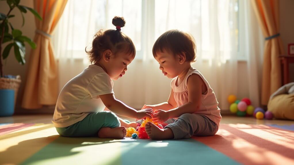 Two toddlers playing together during play therapy for autism