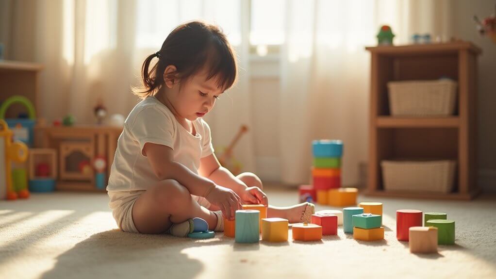 Child stacking colorful blocks during play therapy for autism