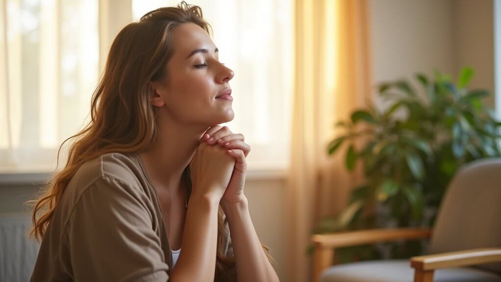 Woman finding calm through self awareness therapy session