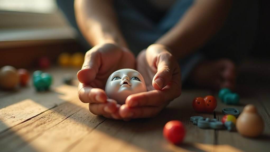 Hands holding doll head representing childhood trauma healing