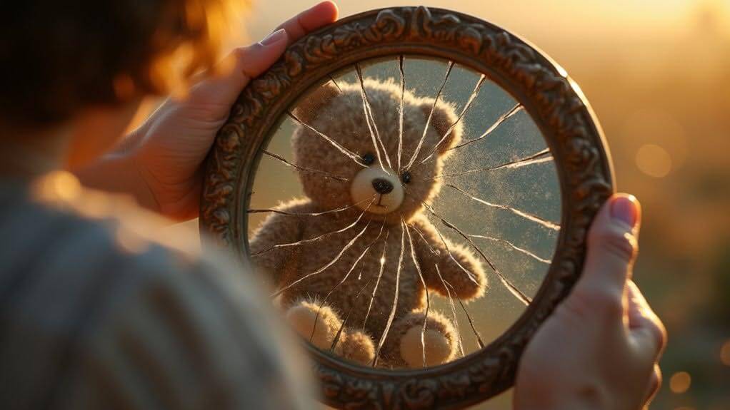 Broken teddy bear in mirror, symbolizing childhood trauma
