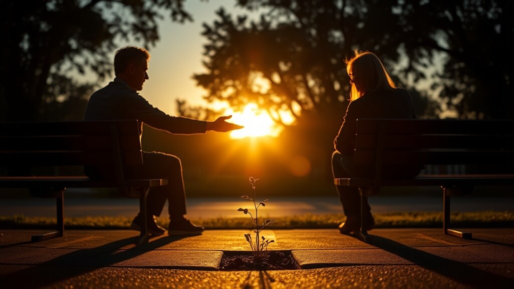 Couple healing after betrayal and reconciling at sunset