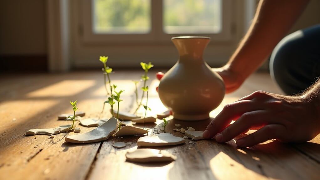 Broken vase with new sprouts symbolizing healing after betrayal
