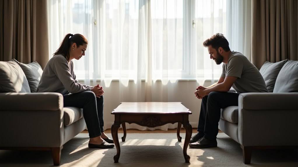 Couple with pursue withdraw pattern sitting apart quietly