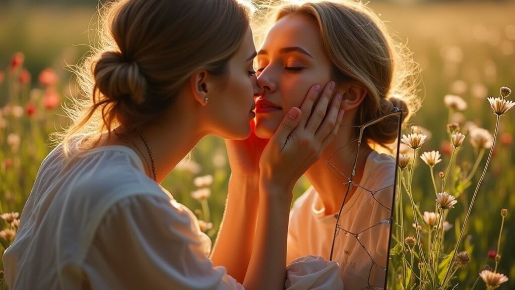 Woman facing her reflection showing self compassion therapy