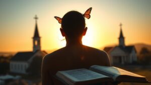 Person with butterfly and book symbolizing religious freedom