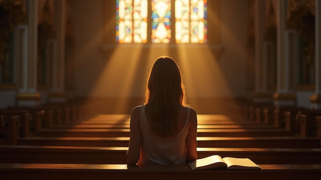 Woman praying in church during therapy for religious trauma
