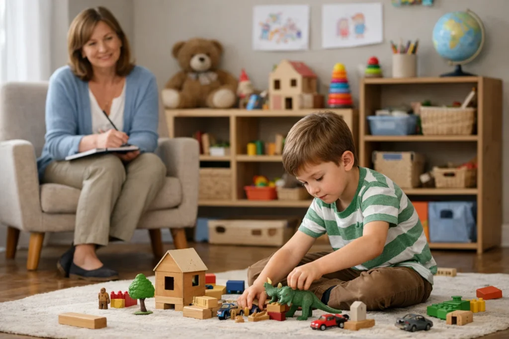 Therapist observing a child’s play with supportive body language, offering emotional care.
