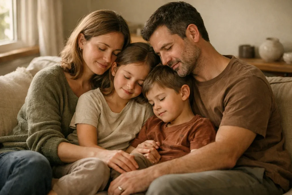 A family sitting together in a warm living room, showing calm connection after conflict